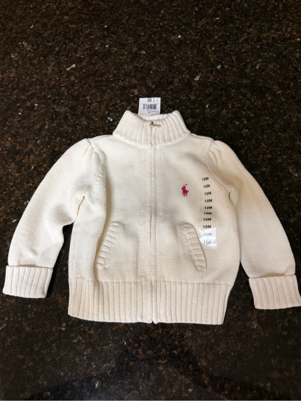 Ralph Lauren Cream Knit Zip-Up Sweater with Pink Pony